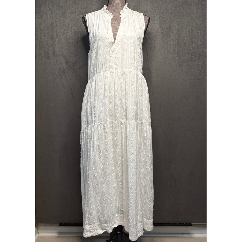 Maeve Anthropologie Maxi Dress Womens L White Tiered Sleeveless Dobby Dot Boho